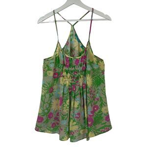Tori Richard Size 10 Top Silk Sheer Floral Racerback Camisole Blouse Pleated